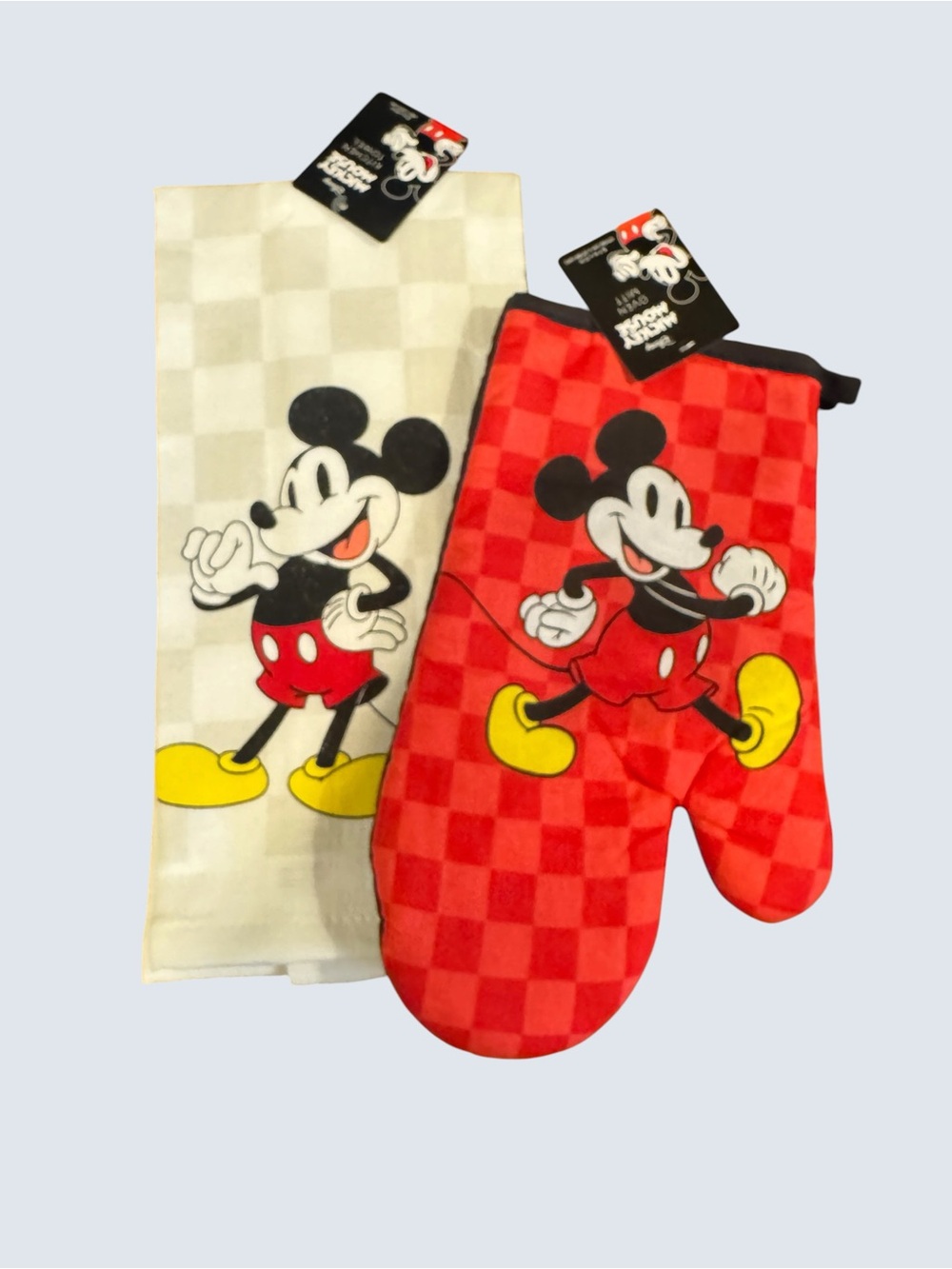 Disney Mickey Mouse Kitchen Towel & Oven Mitt Set Red Checkered NWT